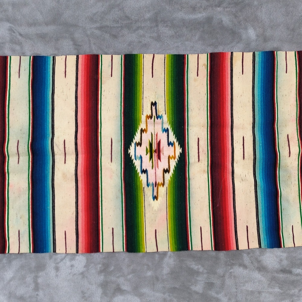 Vintage Serape Table Runner Wool Saltillo Dresser Scarf Mexican 61x17.5 Handmade - Picture 3 of 8